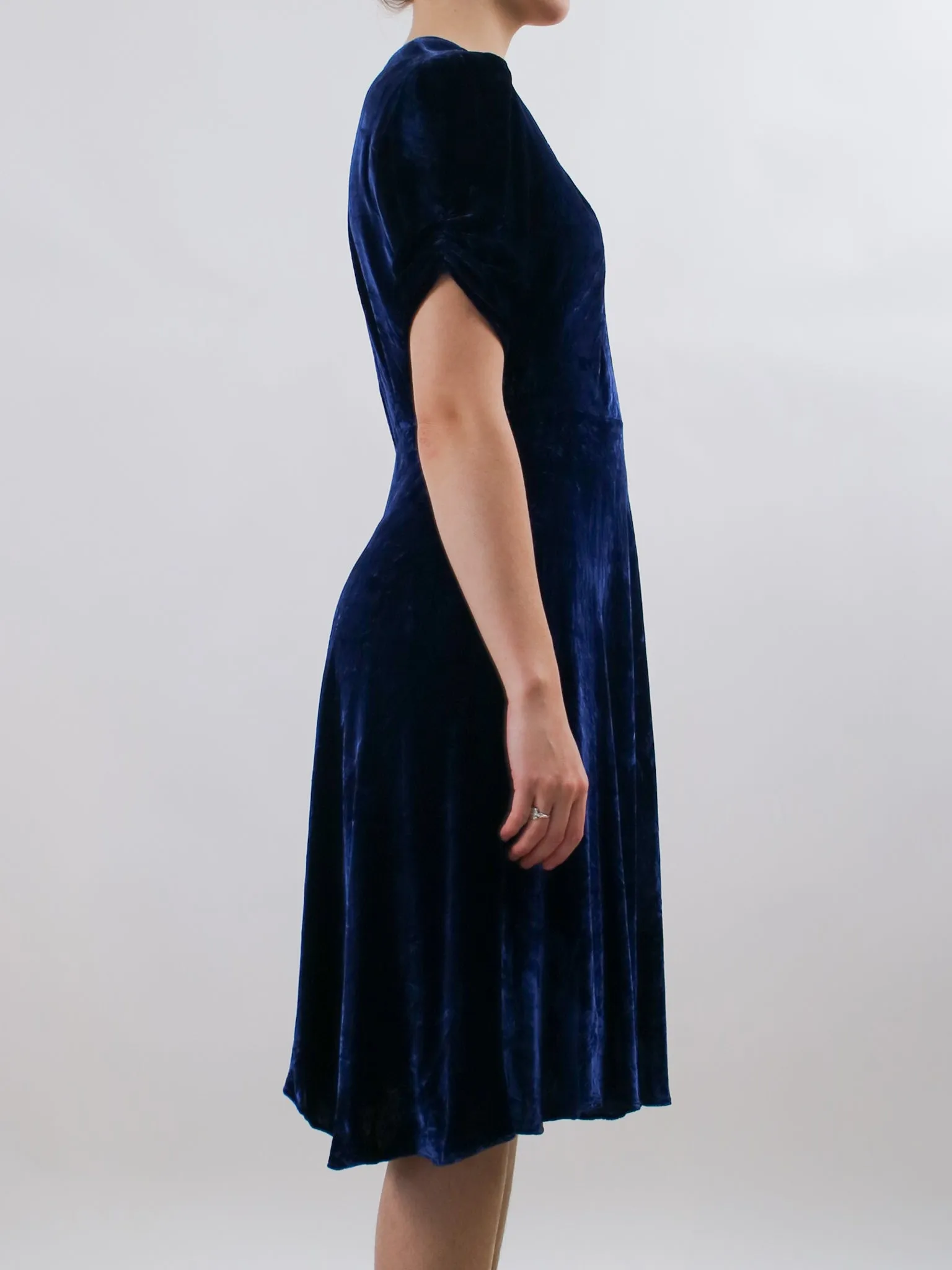 1930s Blue Velvet Cocktail Dress with Pink Studded Details