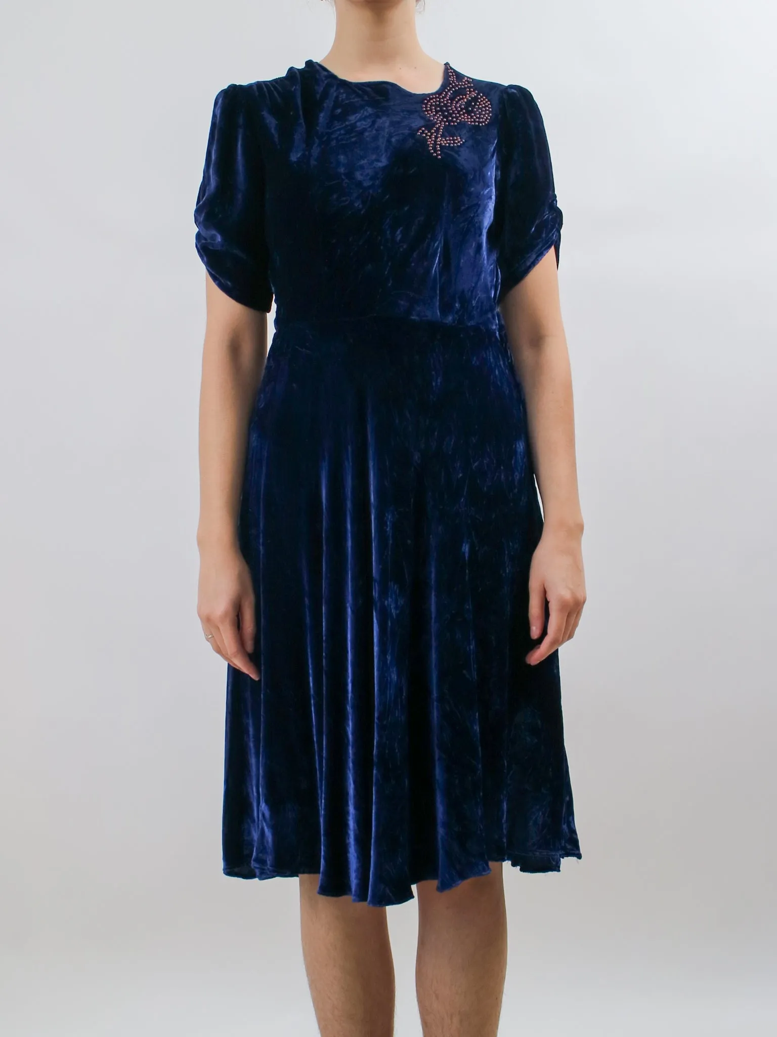 1930s Blue Velvet Cocktail Dress with Pink Studded Details