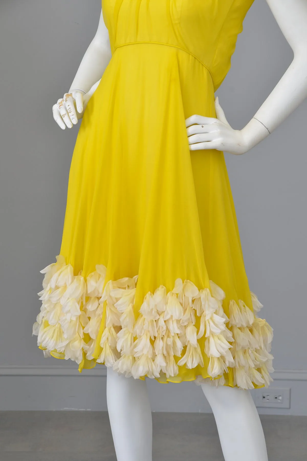 1960s Frothy and Sunny Chiffon Party Dress w amazing Petals at the hem