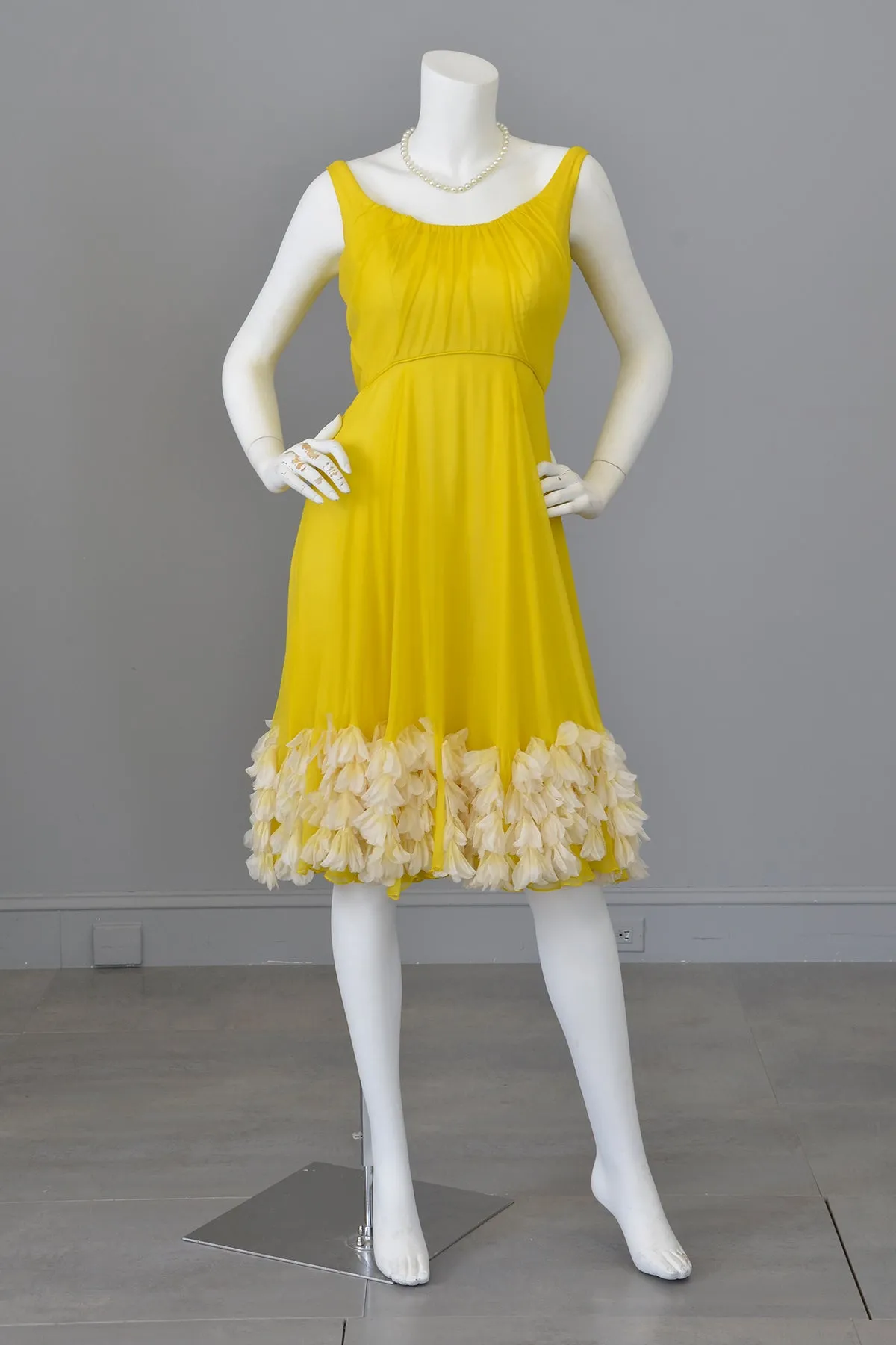 1960s Frothy and Sunny Chiffon Party Dress w amazing Petals at the hem