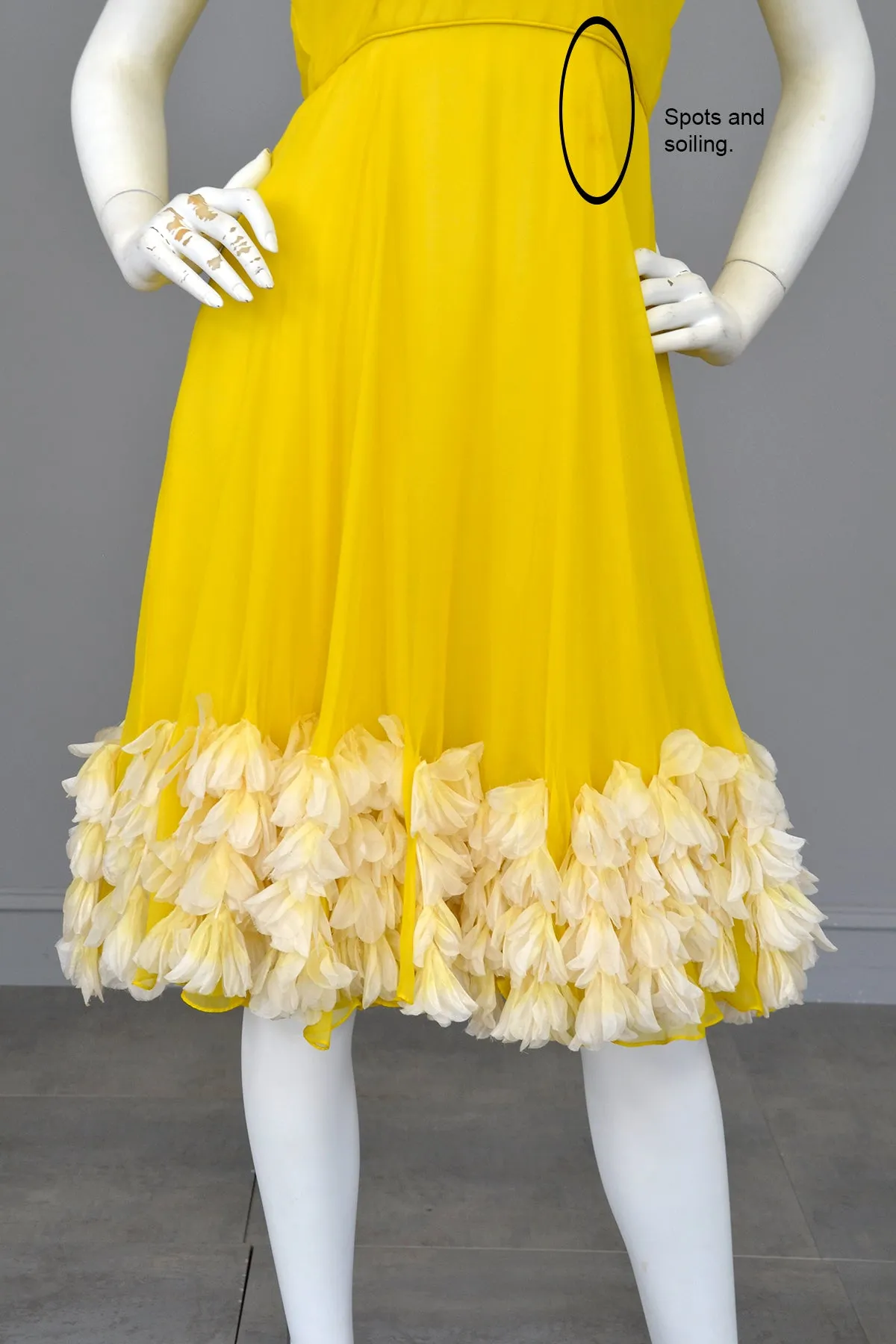 1960s Frothy and Sunny Chiffon Party Dress w amazing Petals at the hem