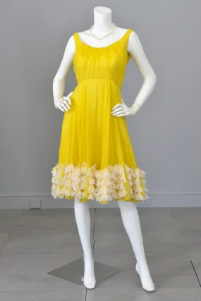 1960s Frothy and Sunny Chiffon Party Dress w amazing Petals at the hem