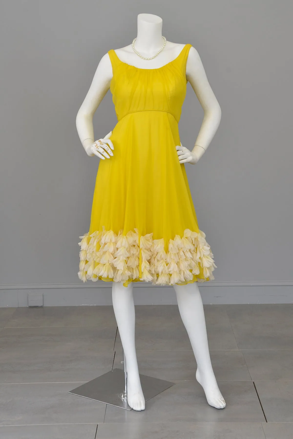 1960s Frothy and Sunny Chiffon Party Dress w amazing Petals at the hem