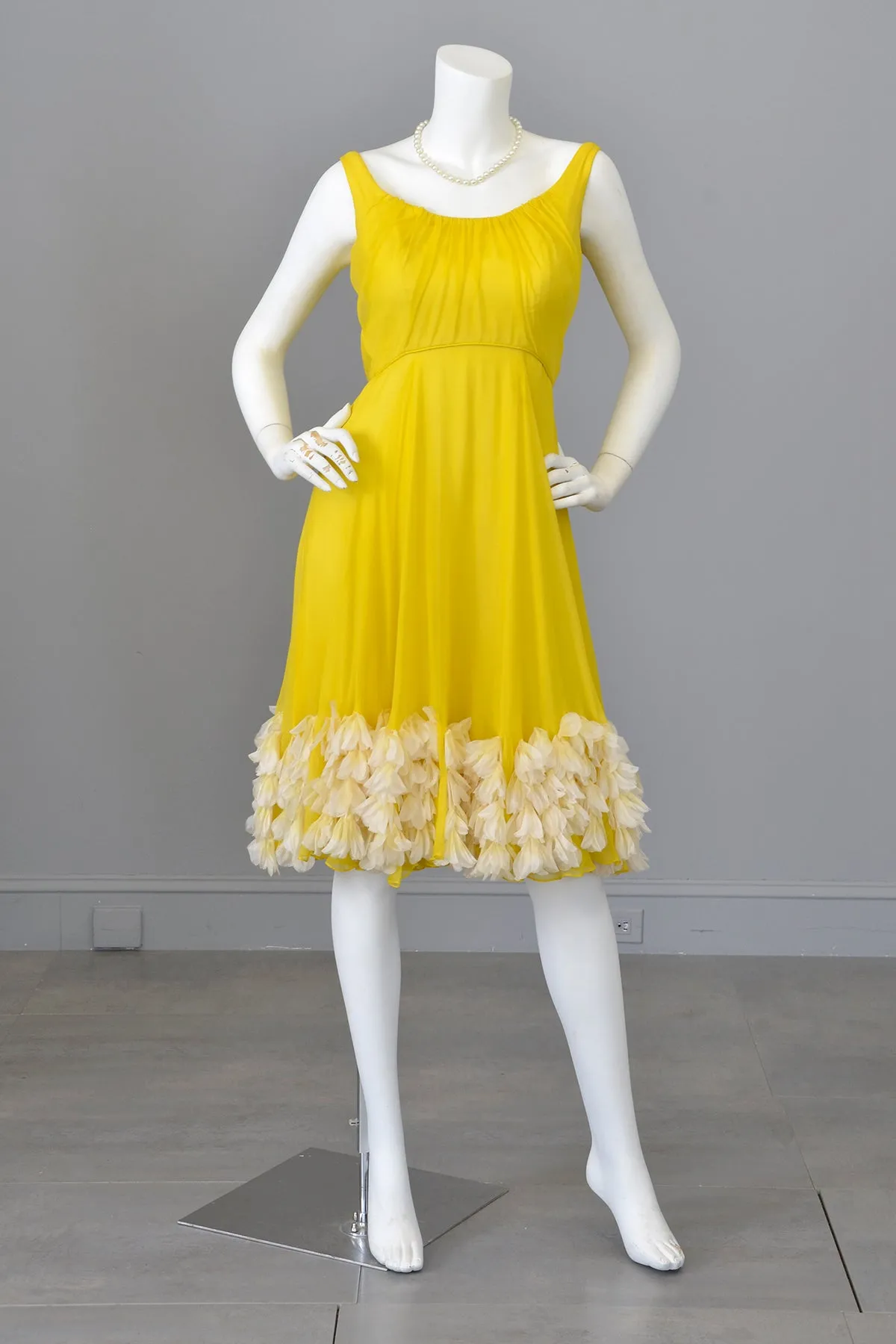 1960s Frothy and Sunny Chiffon Party Dress w amazing Petals at the hem