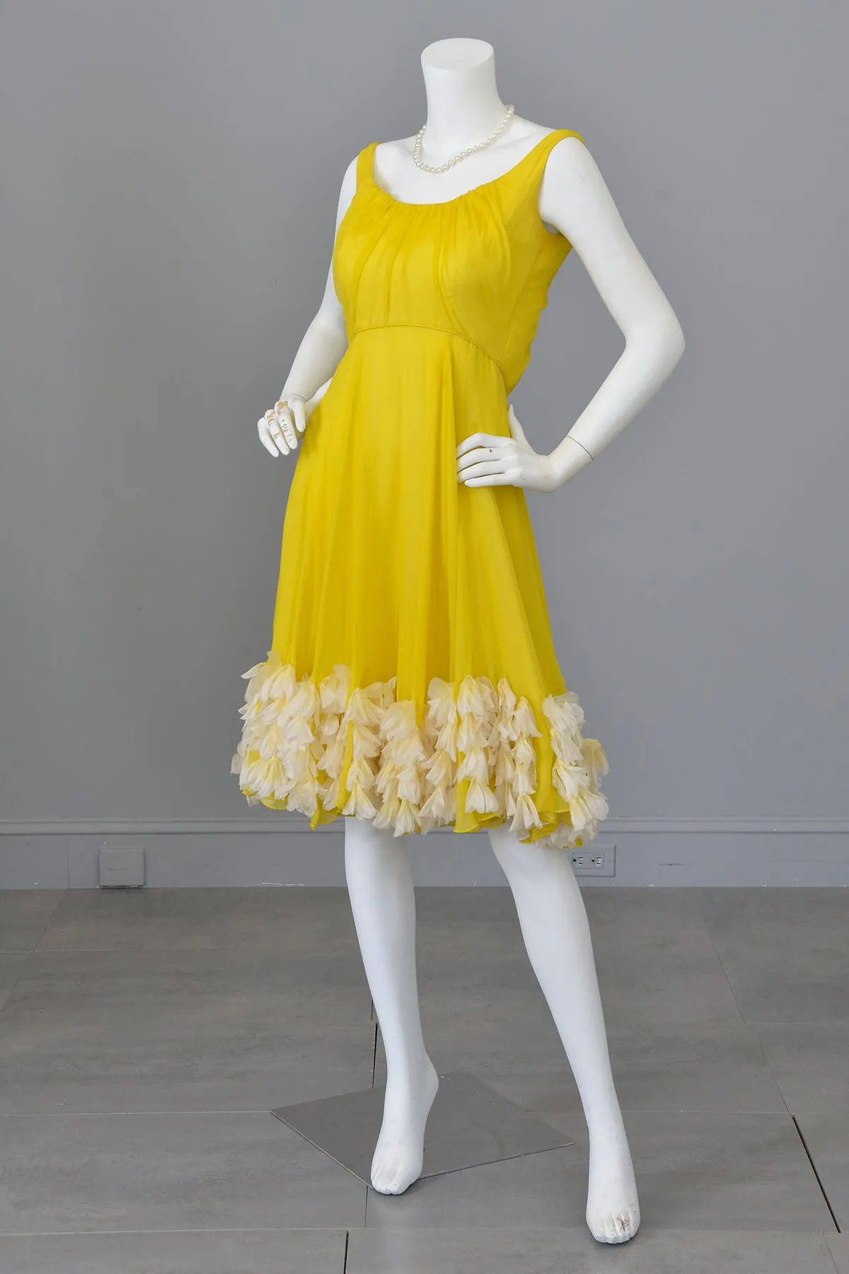 1960s Frothy and Sunny Chiffon Party Dress w amazing Petals at the hem