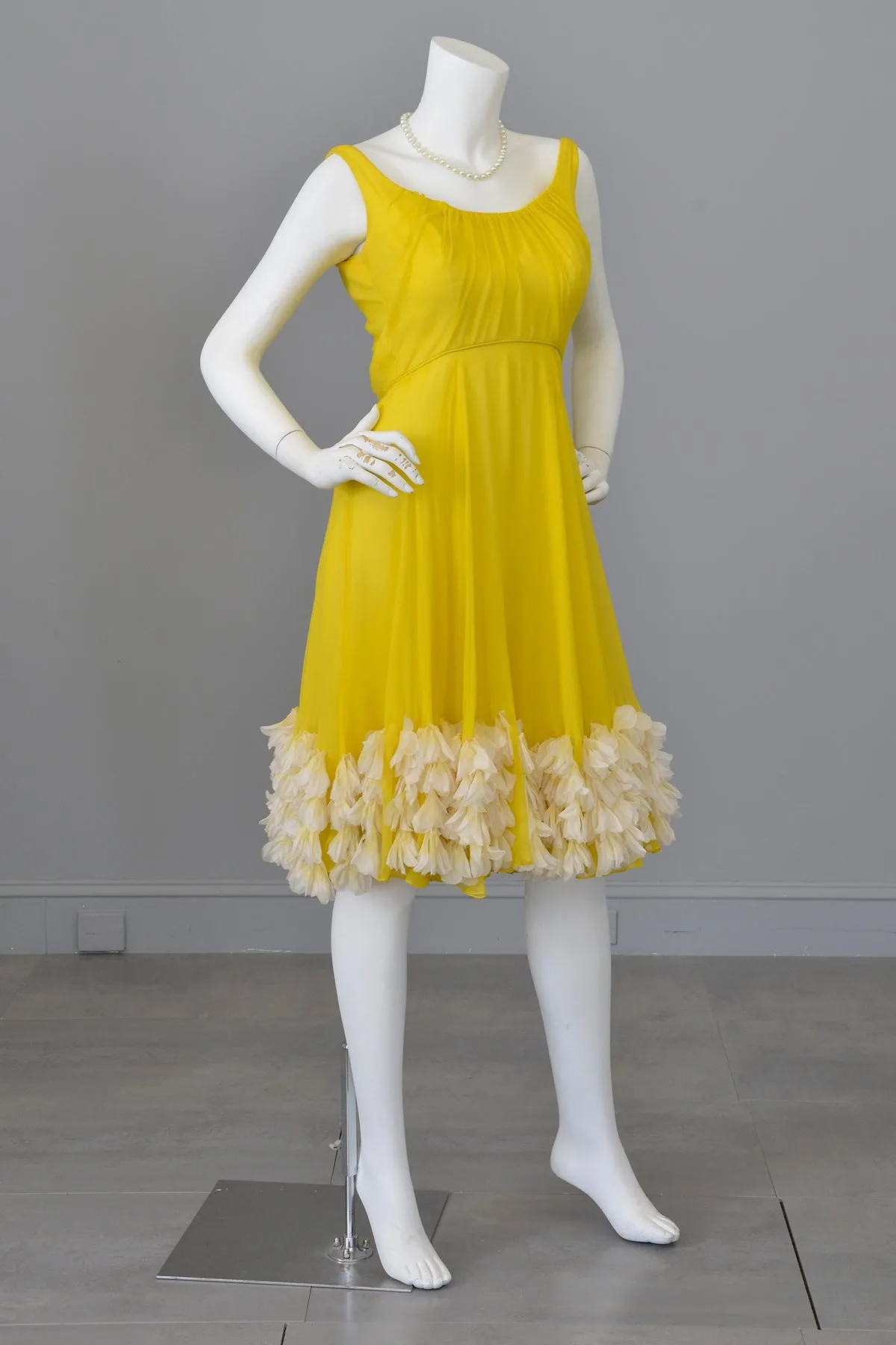 1960s Frothy and Sunny Chiffon Party Dress w amazing Petals at the hem