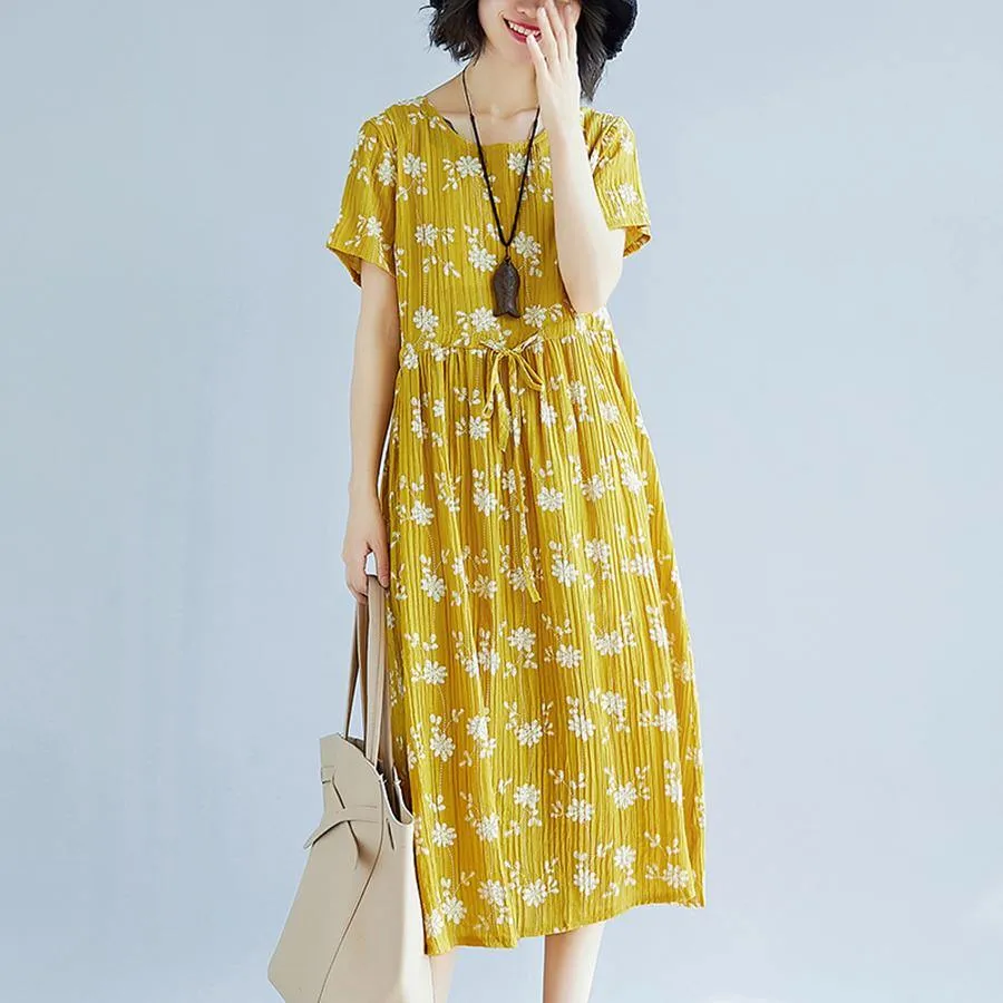 2018 yellow cotton blended shift dresses oversize clothing dress New short sleeve print drawstring clothing dress