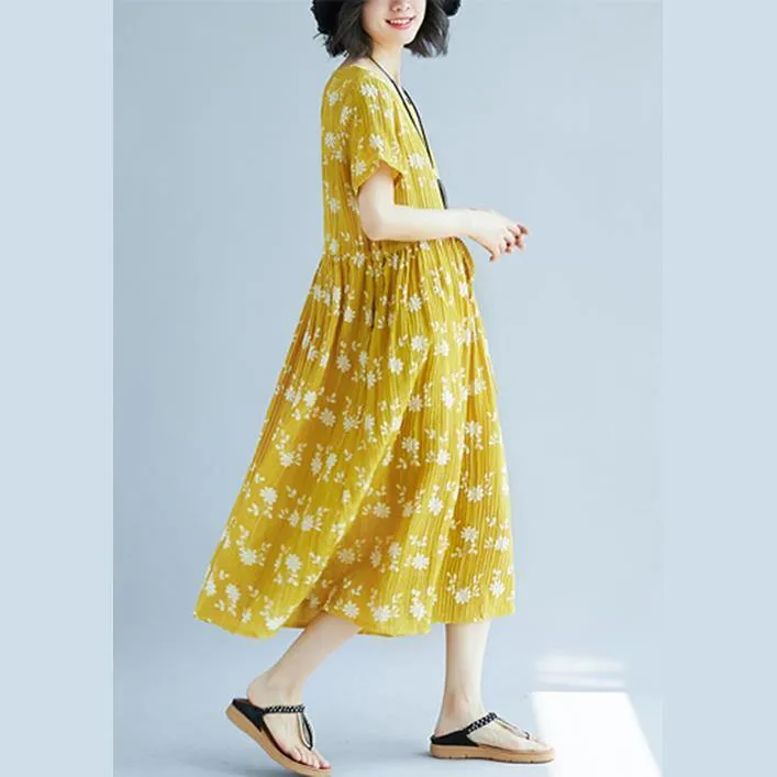 2018 yellow cotton blended shift dresses oversize clothing dress New short sleeve print drawstring clothing dress