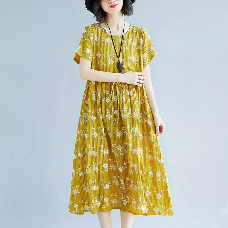 2018 yellow cotton blended shift dresses oversize clothing dress New short sleeve print drawstring clothing dress