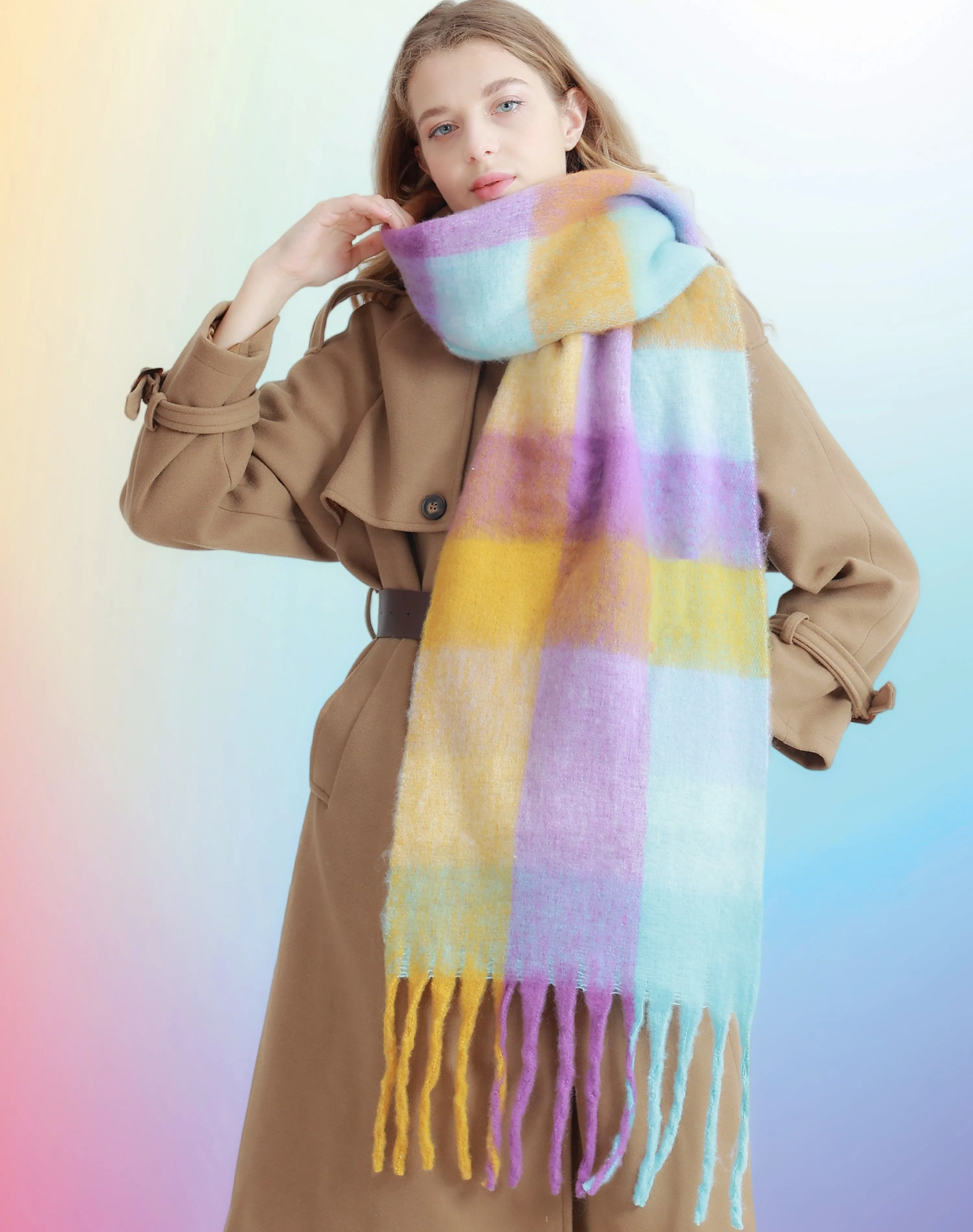 27 Colors-JC023301 Plaid Long Fringe Cozy Fuzzy Scarf