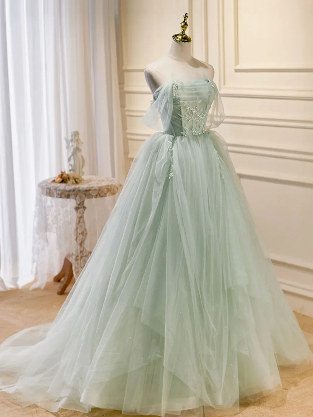 A-Line Off Shoulder Tulle Green Long Prom Dresses, Green Formal Dress with Beading       fg5475