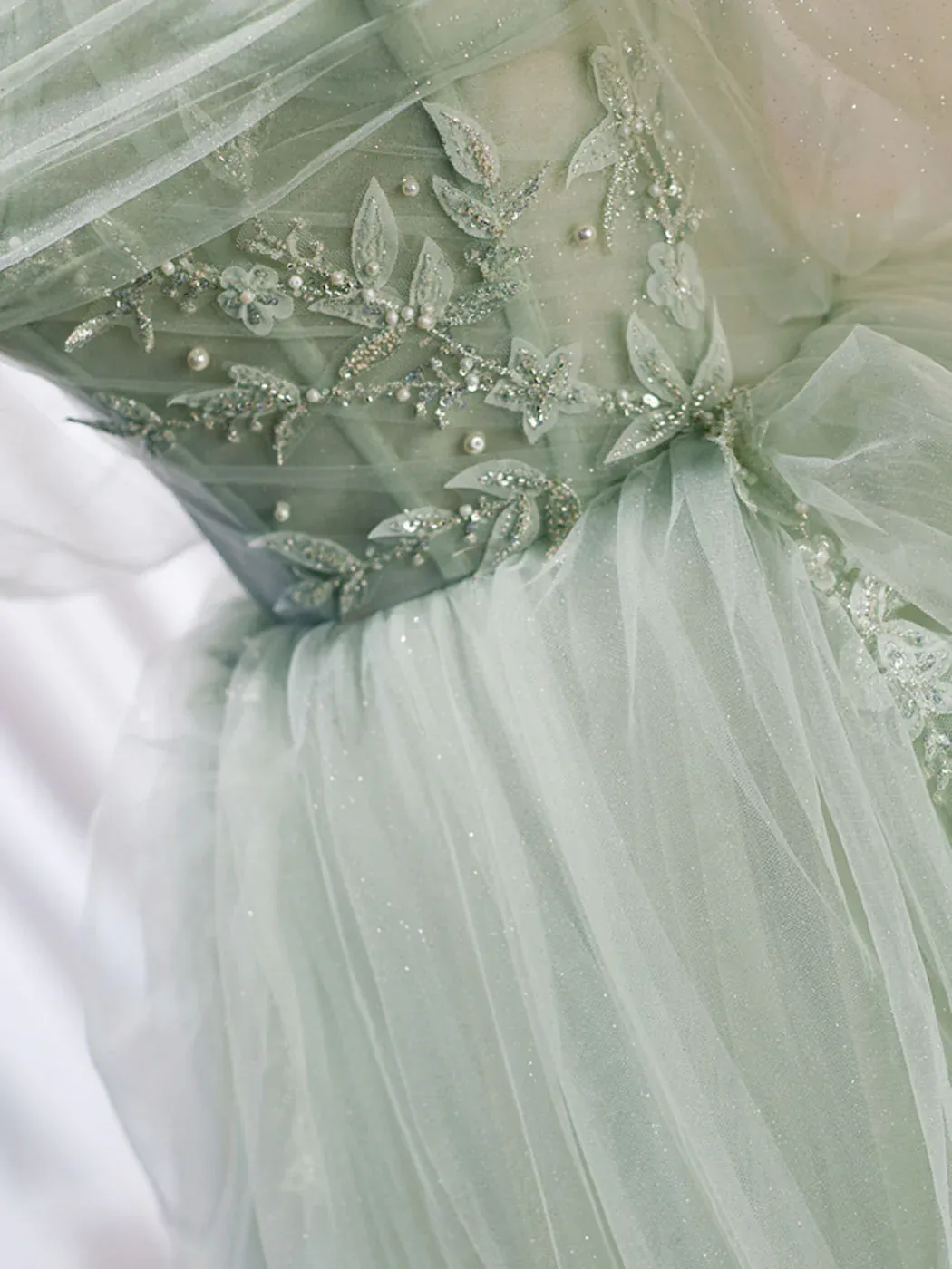 A-Line Off Shoulder Tulle Green Long Prom Dresses, Green Formal Dress with Beading       fg5475