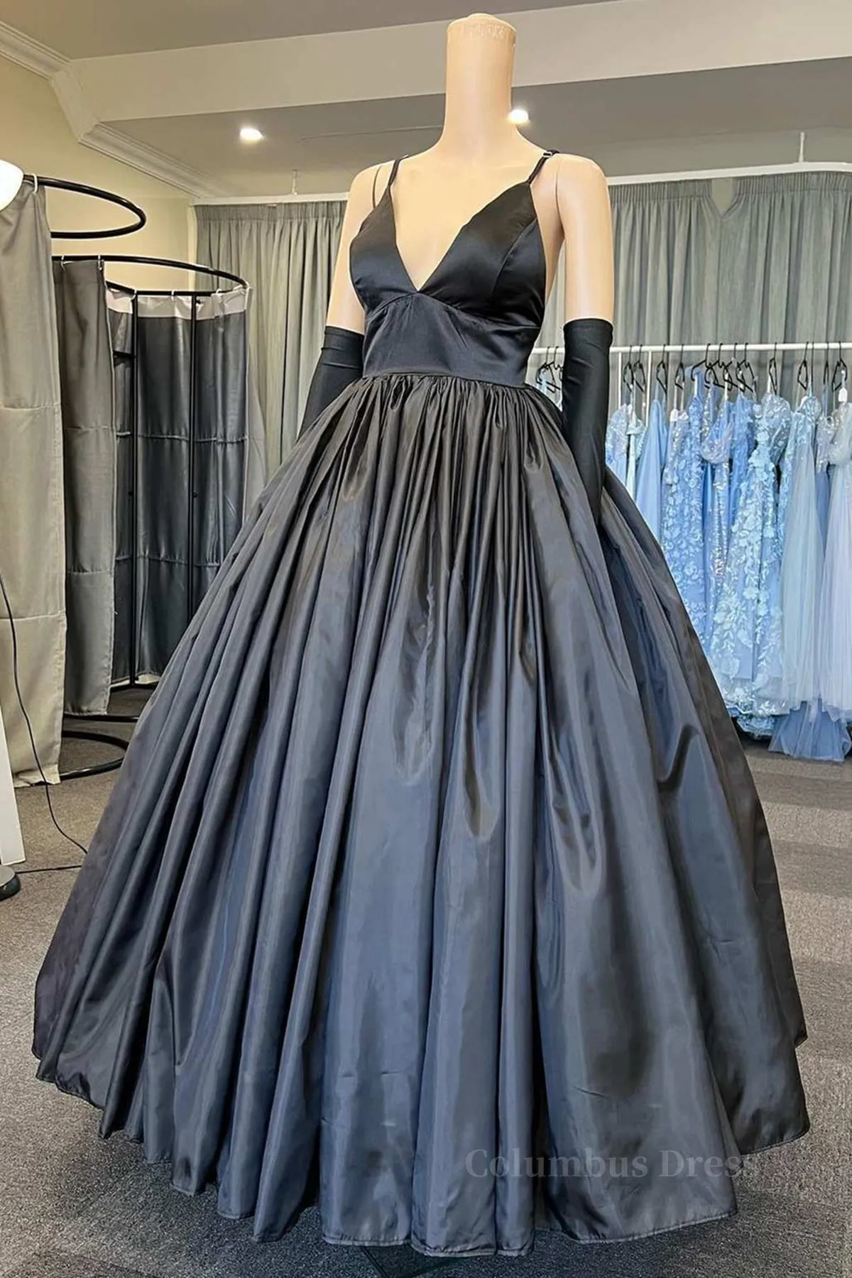 A Line V Neck Black Satin Long Prom Dress with Pocket, V Neck Black Formal Graduation Evening Dress