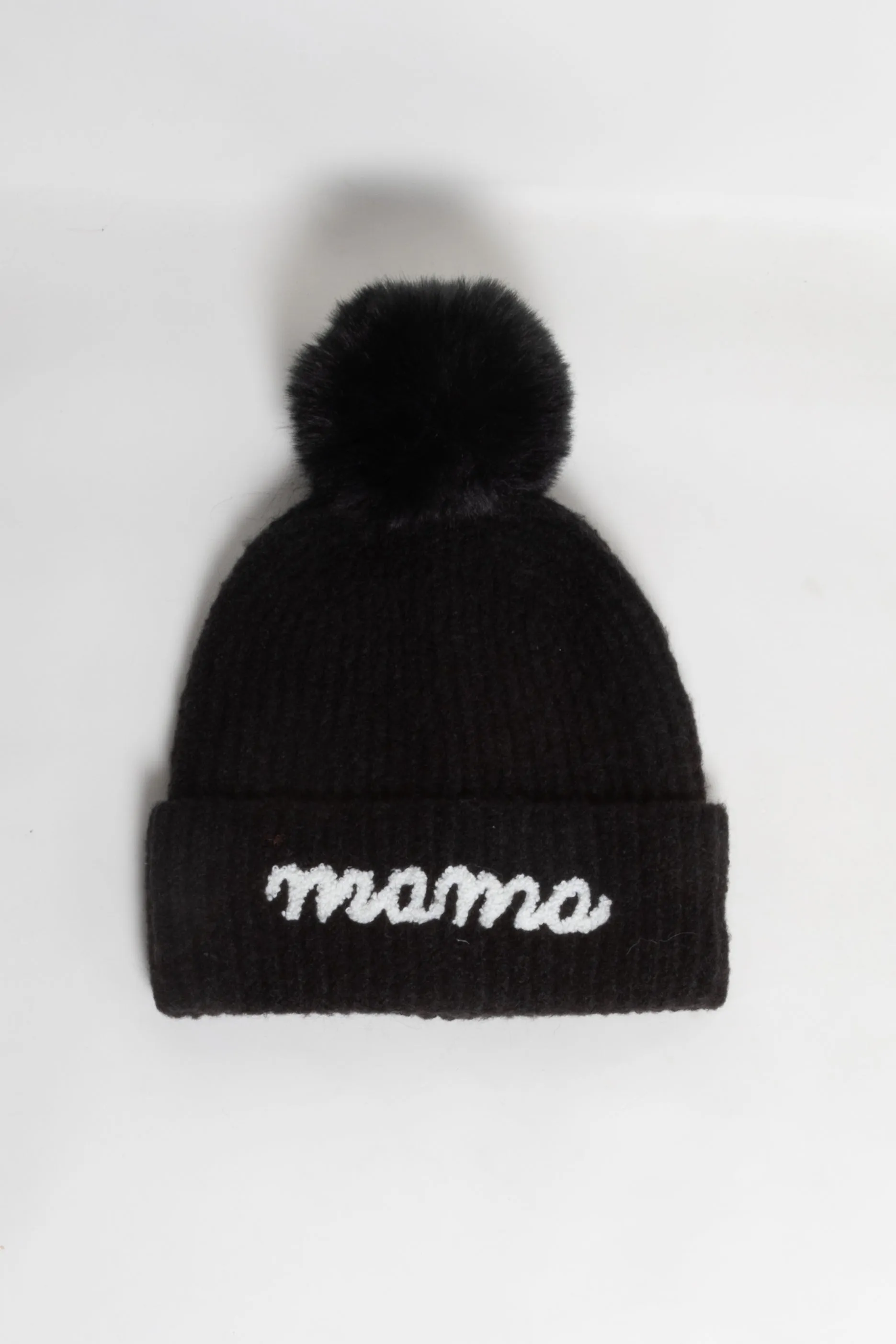 ABB0848 - MAMA Emb On Cuff Knit Beanie with Faux Fur Pom.