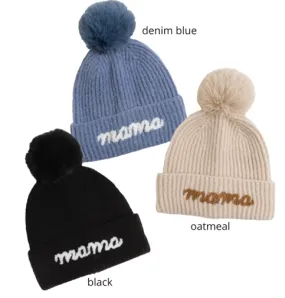 ABB0848 - MAMA Emb On Cuff Knit Beanie with Faux Fur Pom.