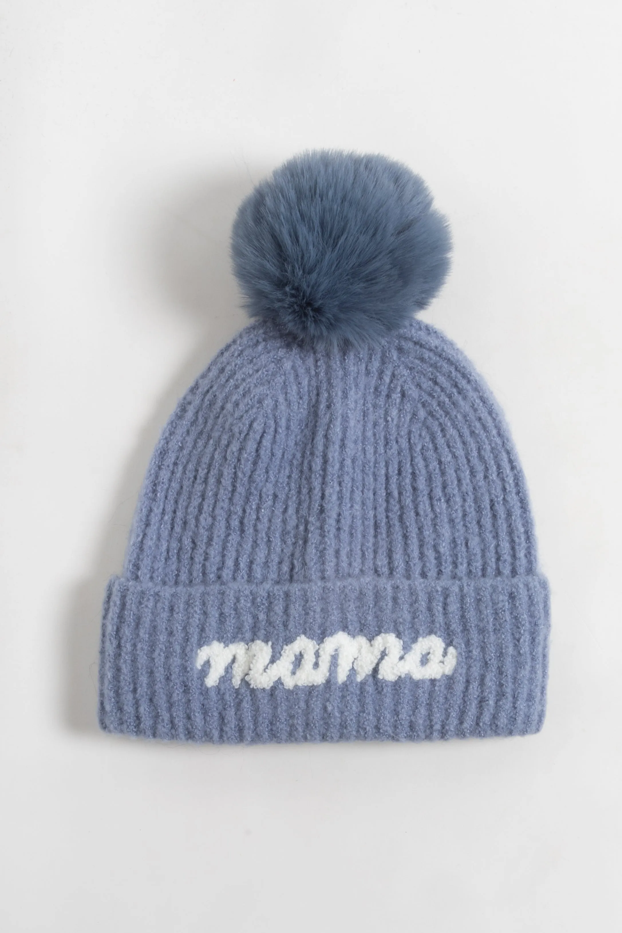 ABB0848 - MAMA Emb On Cuff Knit Beanie with Faux Fur Pom.