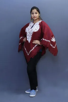 Abondon Maroon Kashmiri Aari Work Embroidered Poncho Enriched With Neckline Pattern