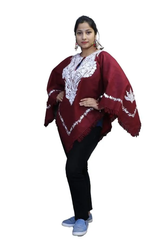 Abondon Maroon Kashmiri Aari Work Embroidered Poncho Enriched With Neckline Pattern