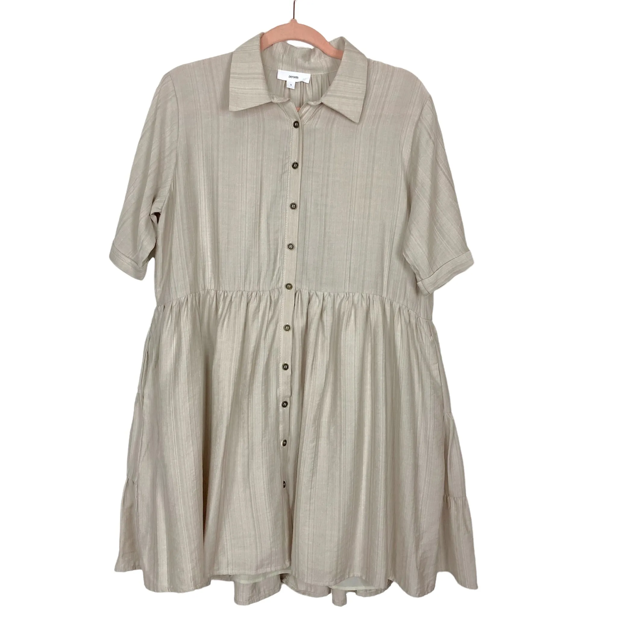 Aeom Tan Button Up Collared Babydoll Dress- Size S