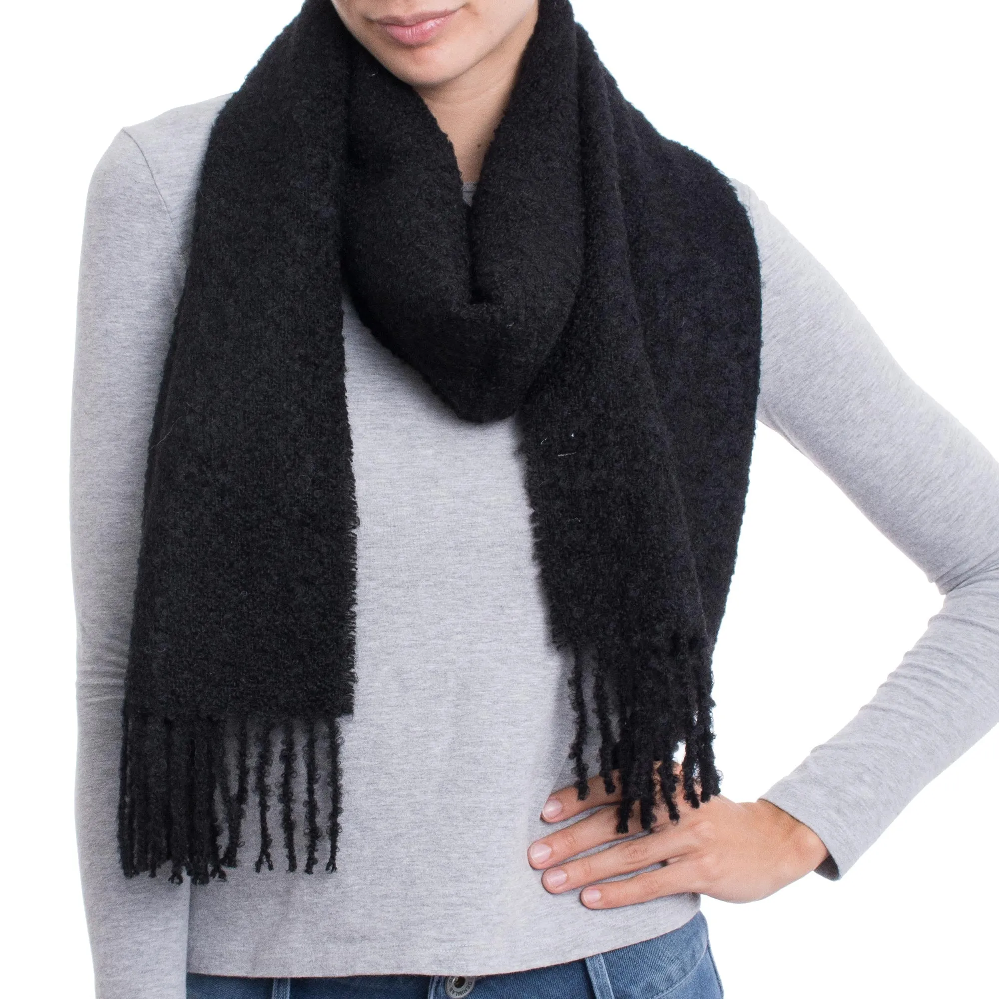 Andean Delight in Black 100% Alpaca Wrap Scarf in Solid Black from Peru