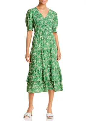 BA&SH green w/ white floral "Vika" v-neck smocked puff-sleeve midi dress, 1 / S