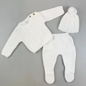 Baby Boys 3 Piece Knitted Outfit - Trousers, Jumper & Pom Hat - White