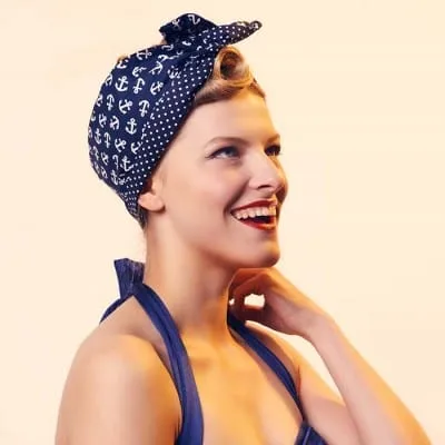 Bebopa Wired Vintage Style Headband Navy/White Anchor Print with Navy Polka Dot Reverse