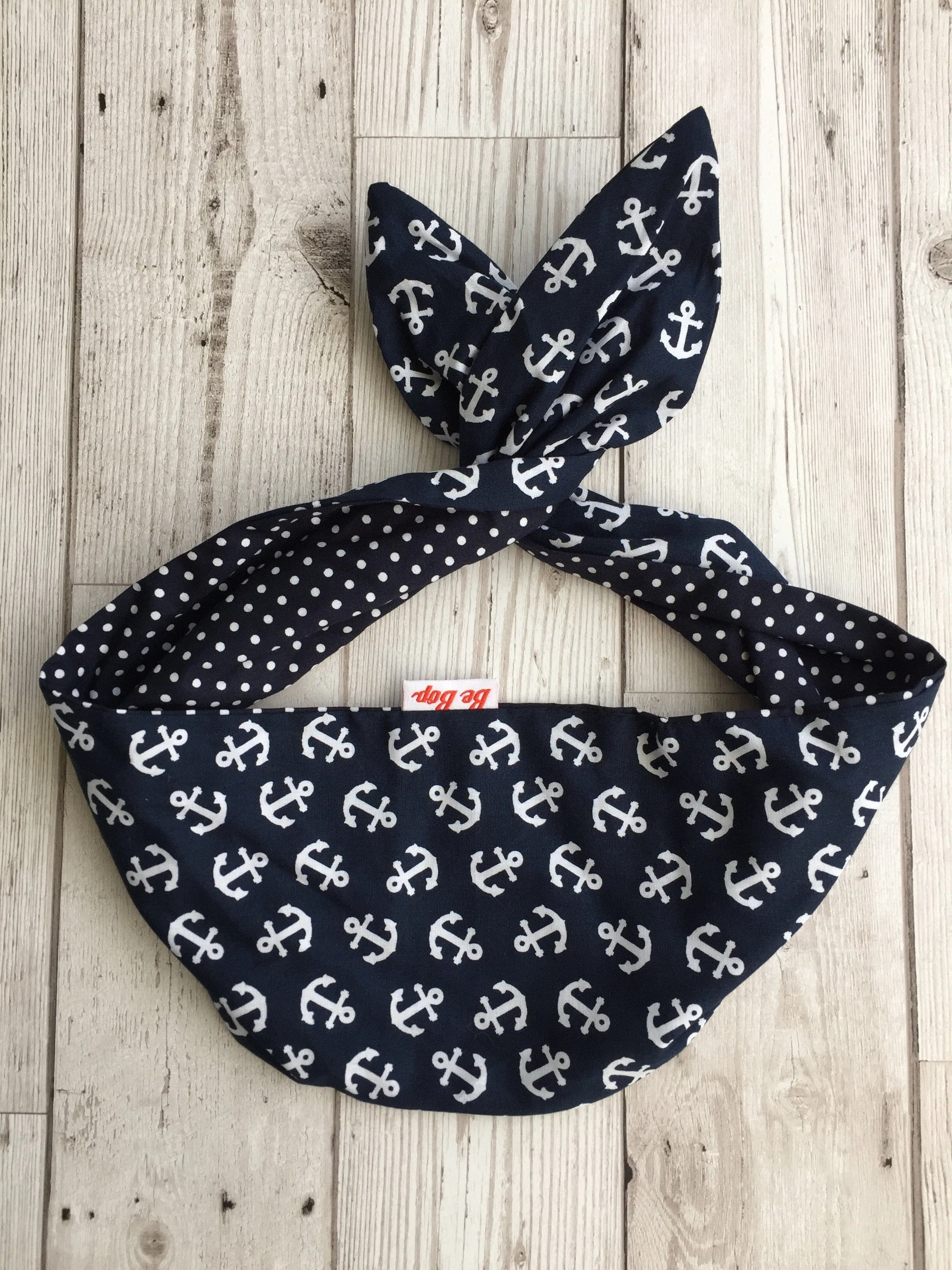 Bebopa Wired Vintage Style Headband Navy/White Anchor Print with Navy Polka Dot Reverse