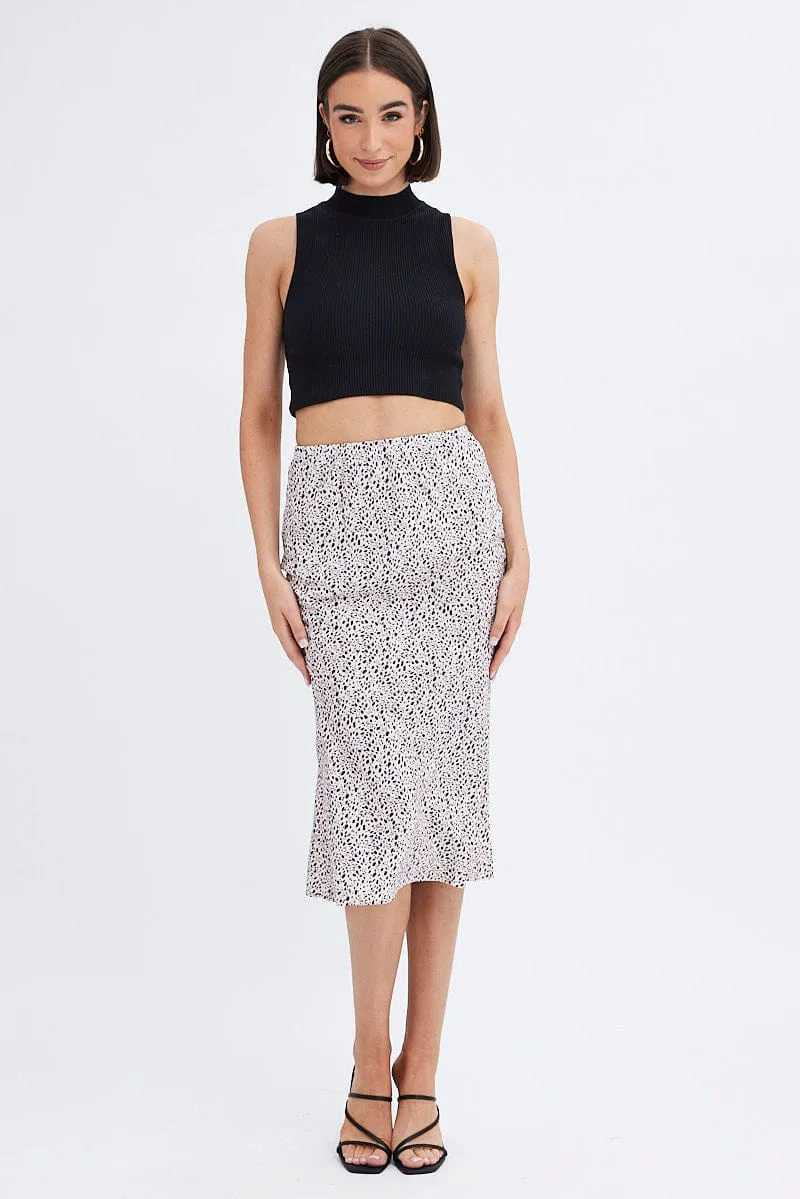 Beige Animal Print Slip Skirt Midi