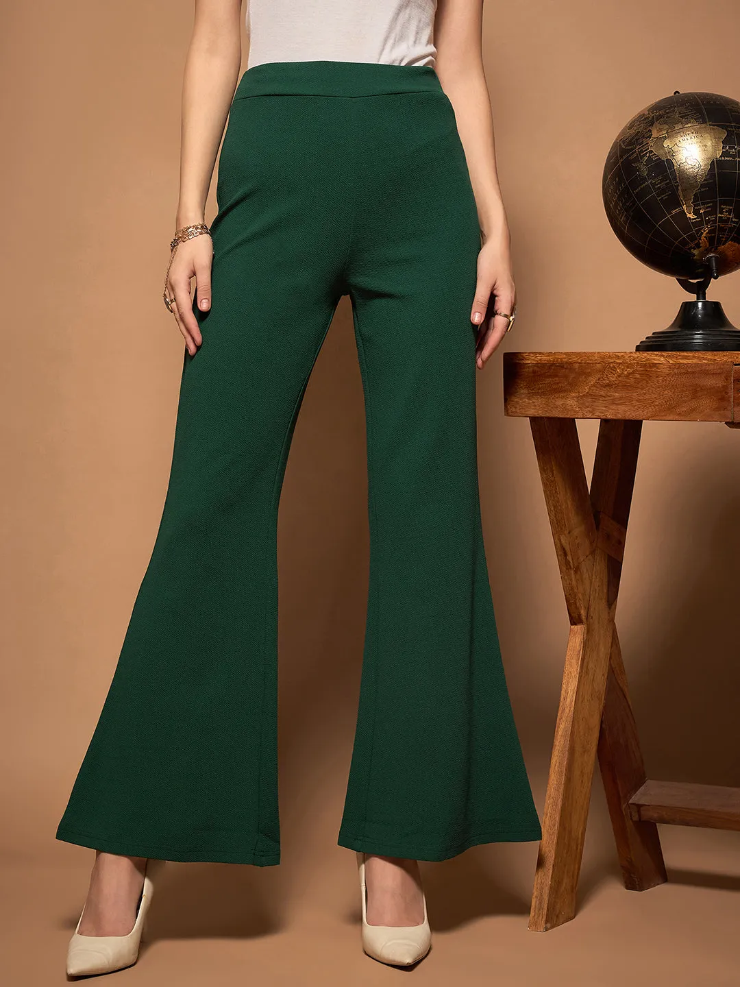 Berrylush BIZwear Women Solid Green High-Rise Waist Flat-Front Pleat Slip-On Wide-Leg Knitted Regular Trousers