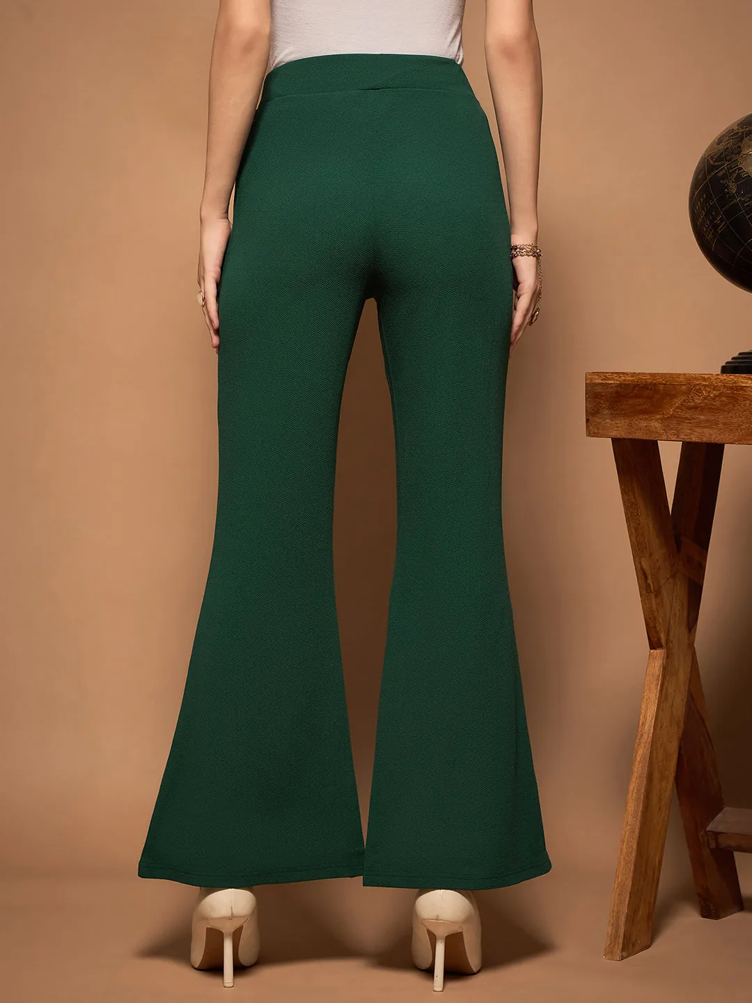 Berrylush BIZwear Women Solid Green High-Rise Waist Flat-Front Pleat Slip-On Wide-Leg Knitted Regular Trousers