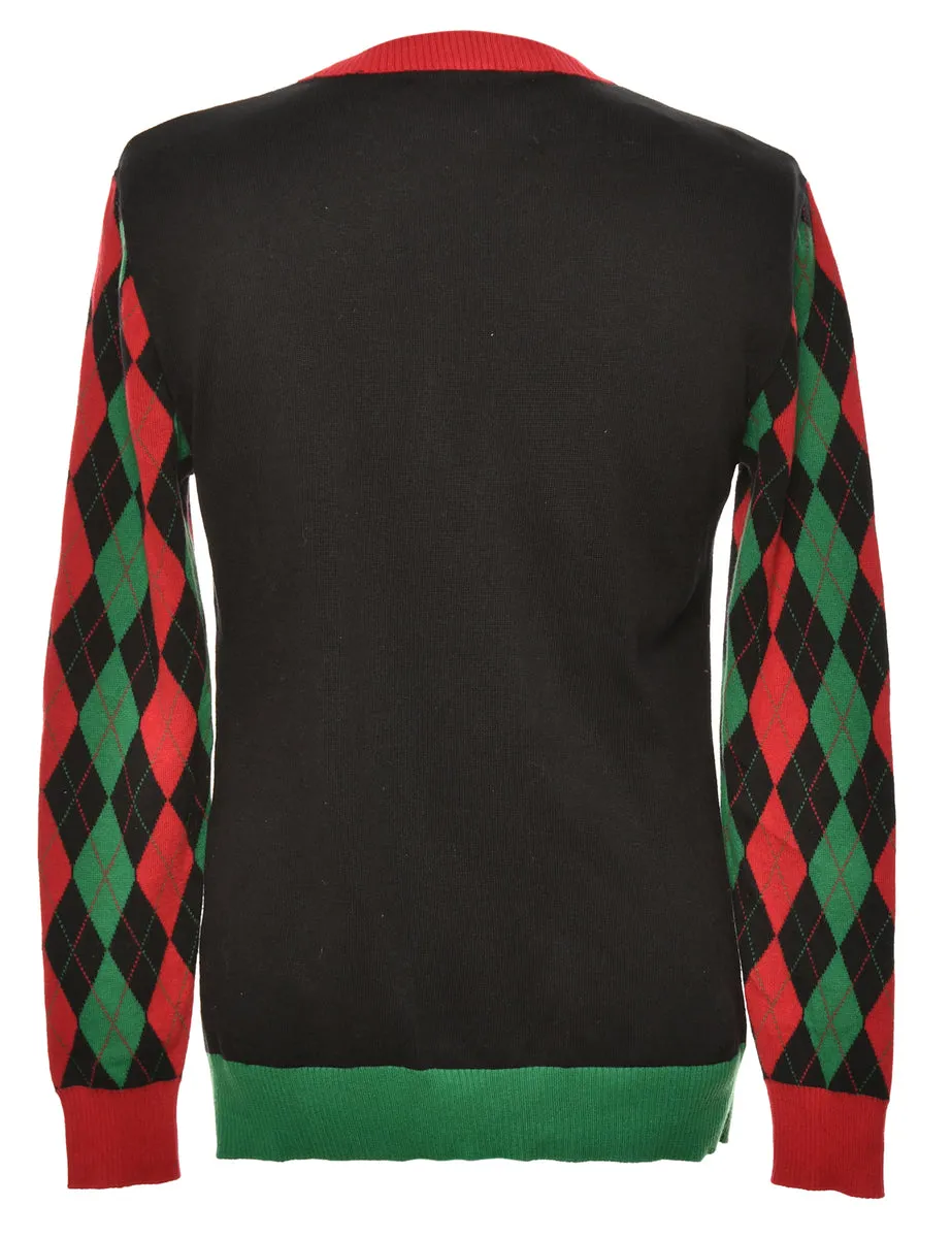 Black, Red & Green Argyle Design Christmas Jumper - S