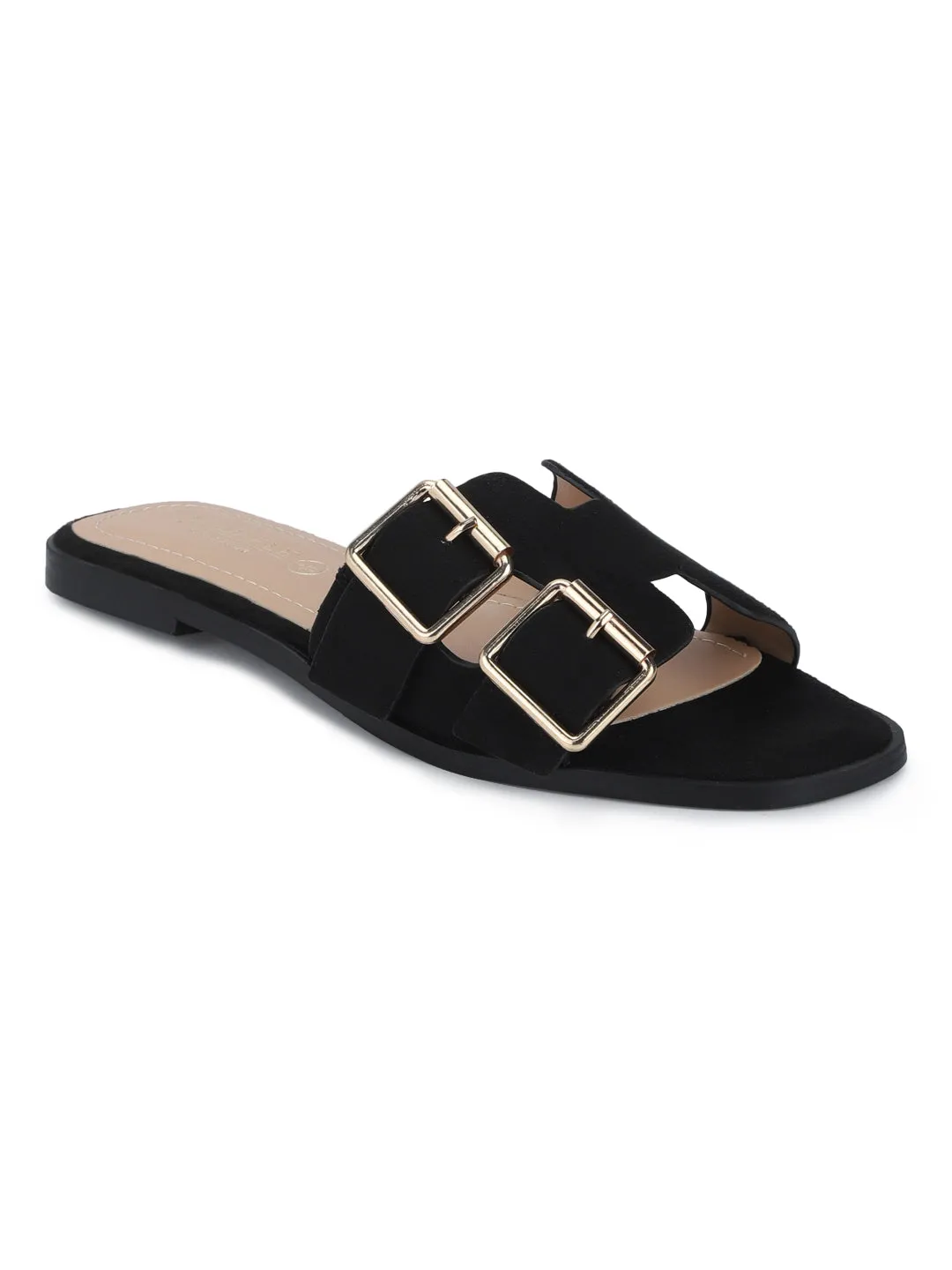 Black Suede Double Buckle Slip-on Flats