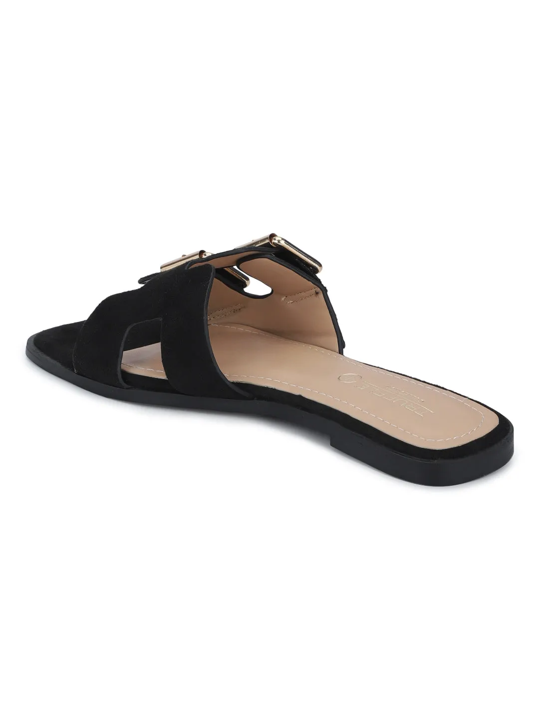 Black Suede Double Buckle Slip-on Flats