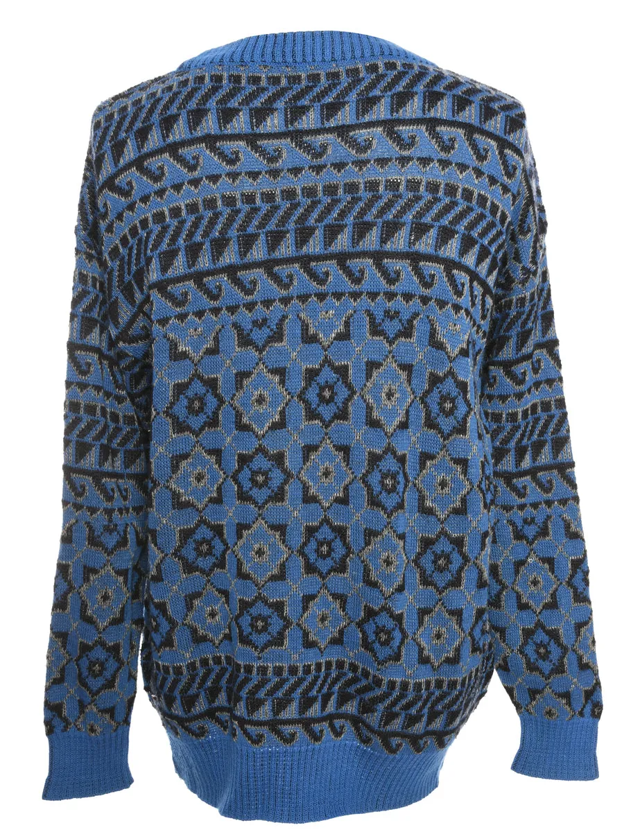 Blue & Black 1980s Geometric Jumper - M