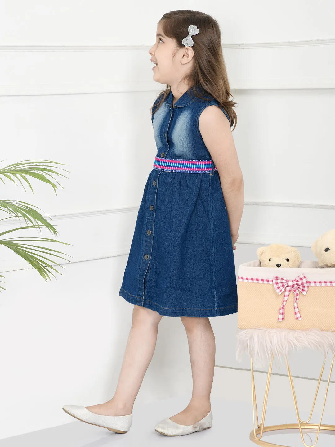 Blue Denim Washed Dress With Handloom Belt