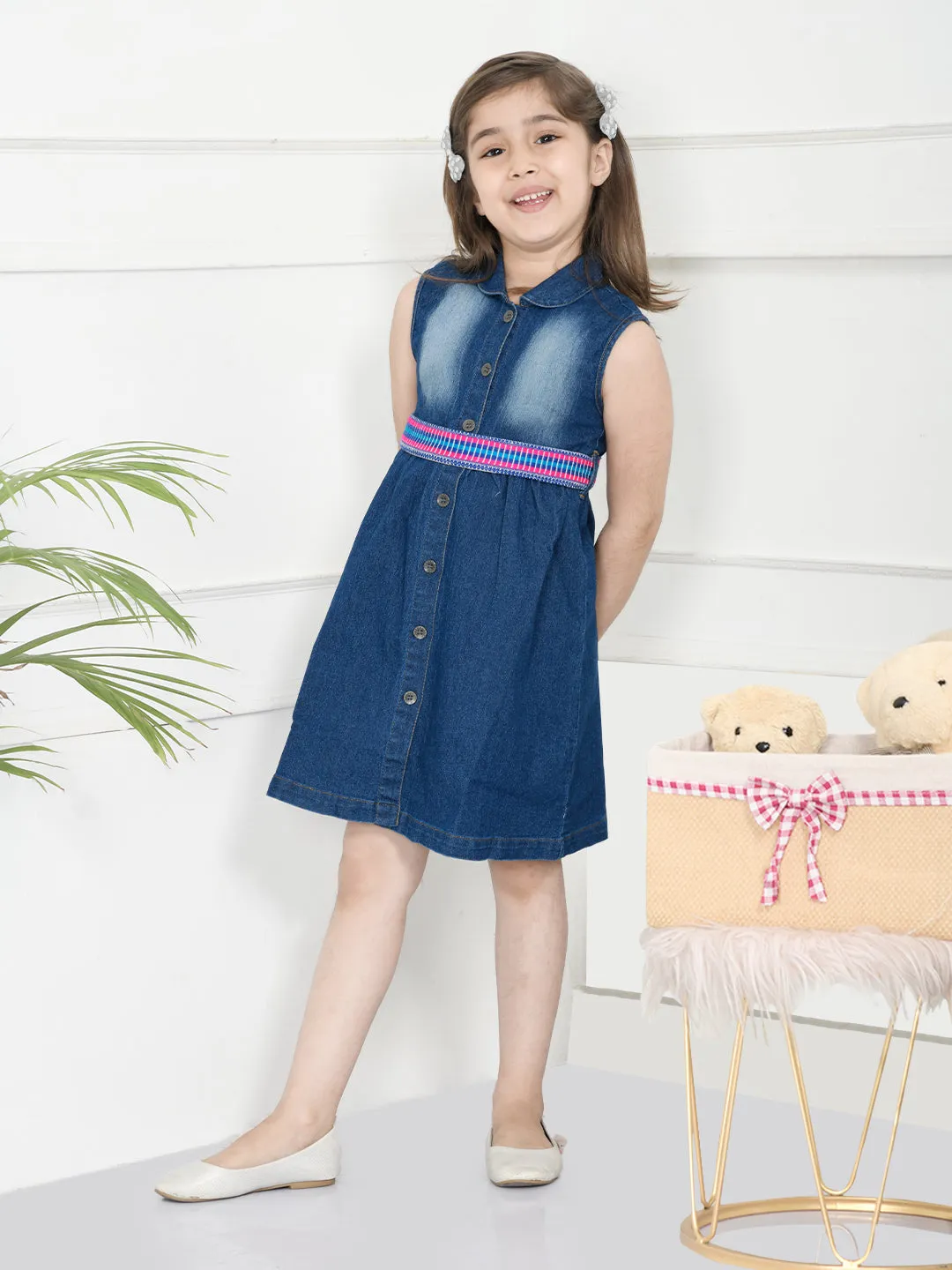 Blue Denim Washed Dress With Handloom Belt