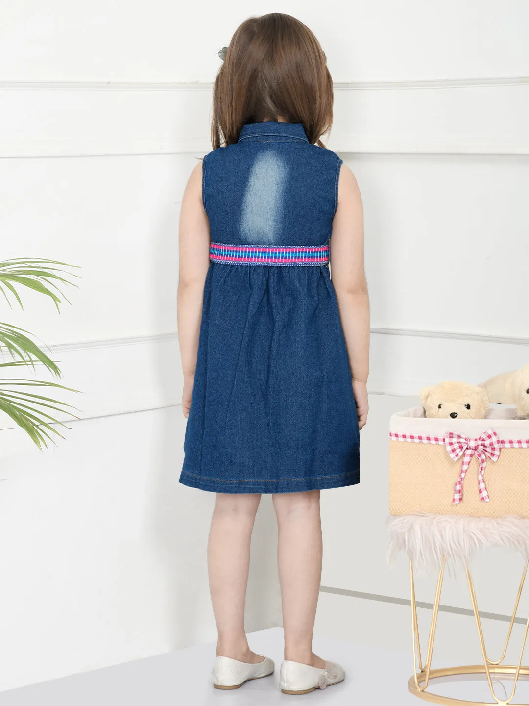 Blue Denim Washed Dress With Handloom Belt