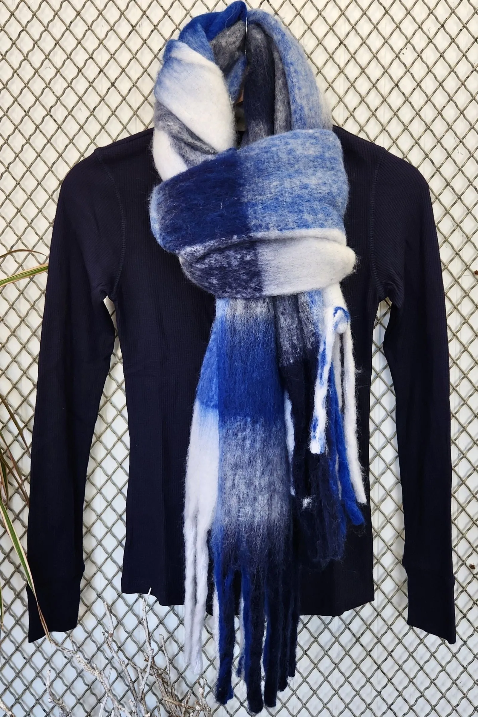 Blue Plaid Fuzzy Fringe Scarf