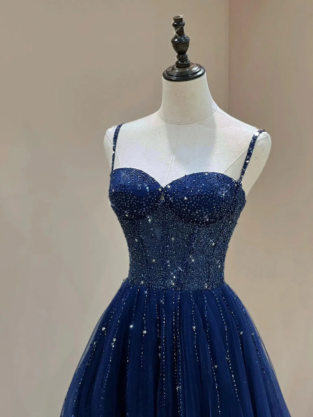 Blue Spaghetti Straps Tulle Beaded Long Formal Dress, Blue A-Line Evening Dress with Corset