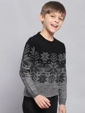 Boys Black Self Design Round Neck Full Sleeve Sweater