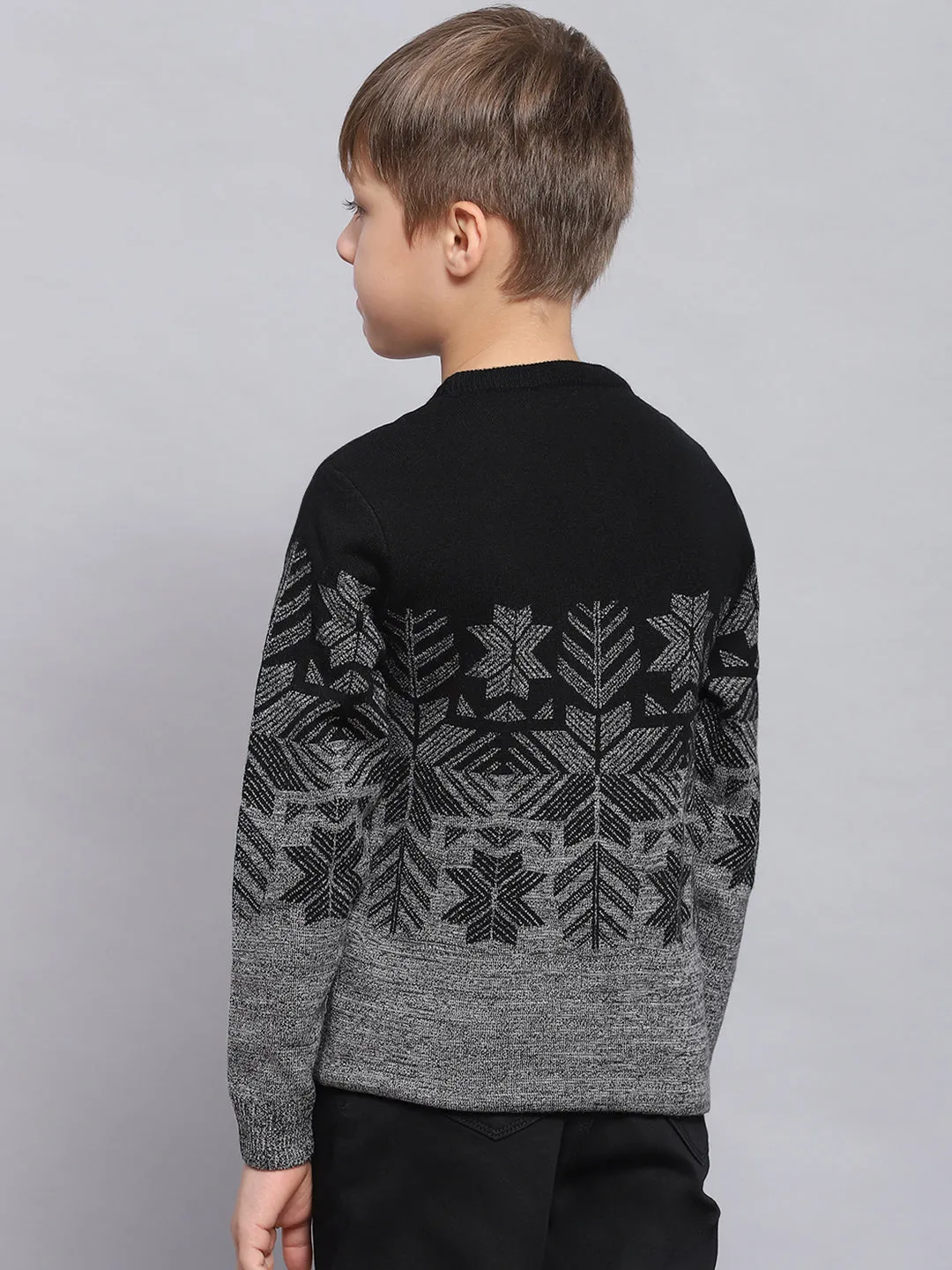 Boys Black Self Design Round Neck Full Sleeve Sweater