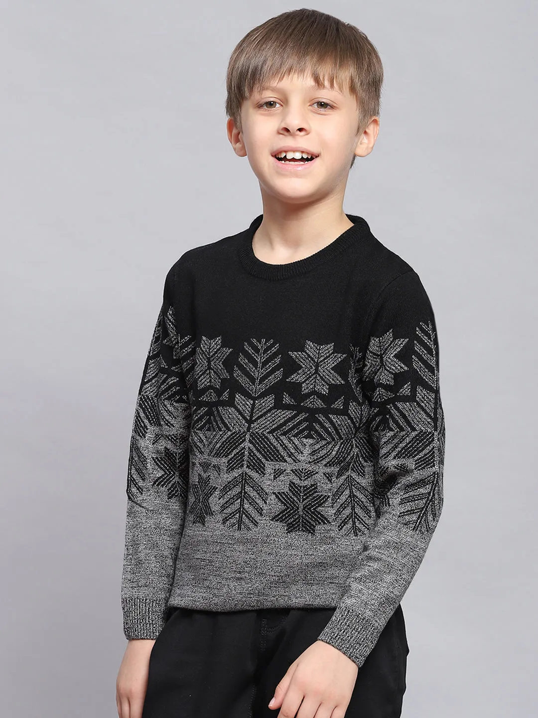 Boys Black Self Design Round Neck Full Sleeve Sweater