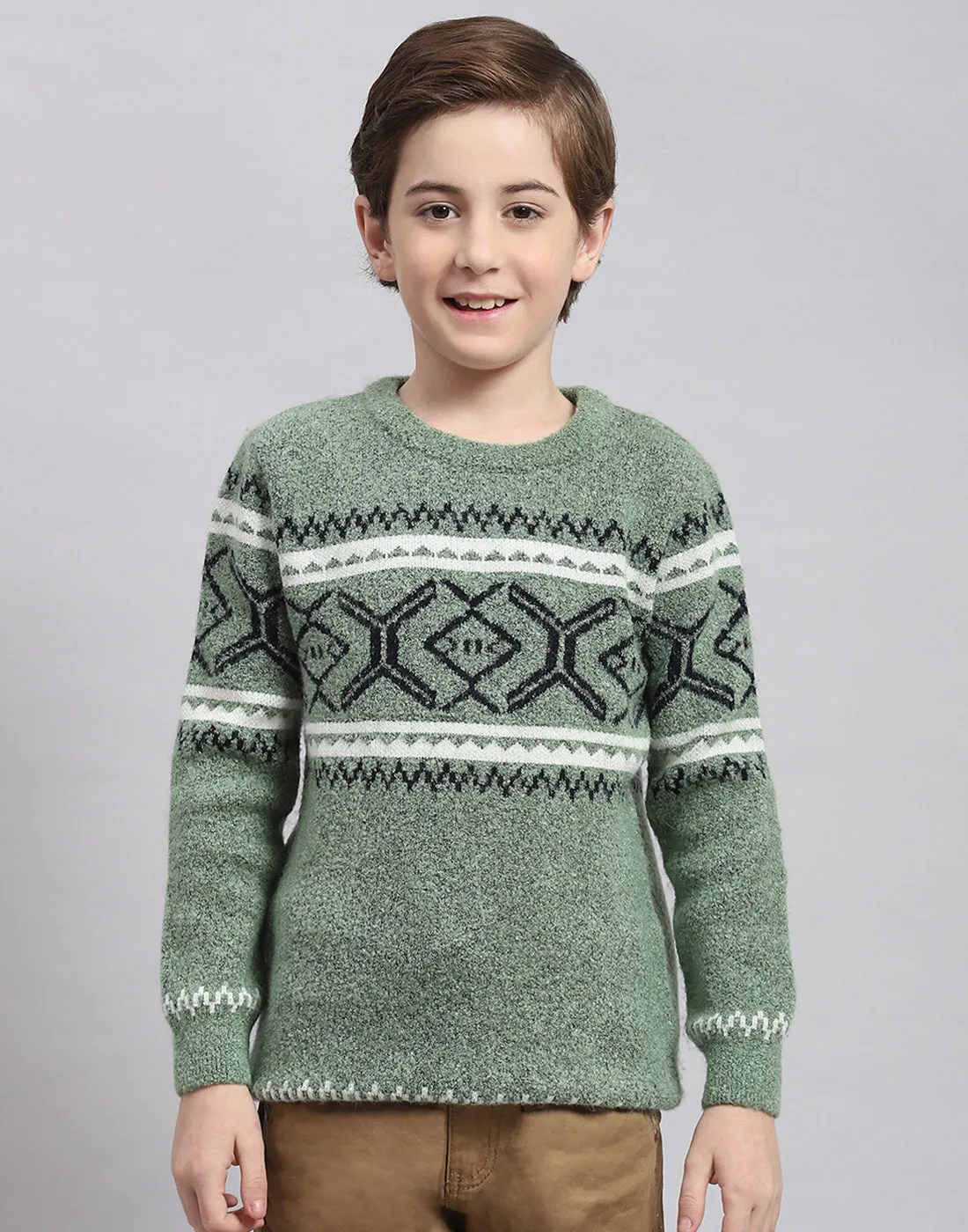 Boys Green Self Design Round Neck Full Sleeve Sweater