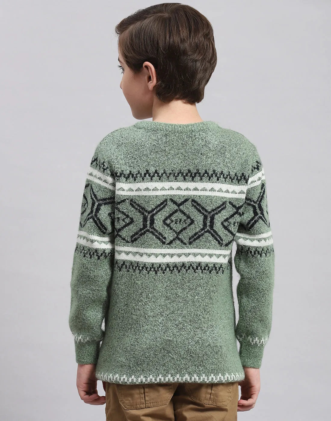 Boys Green Self Design Round Neck Full Sleeve Sweater