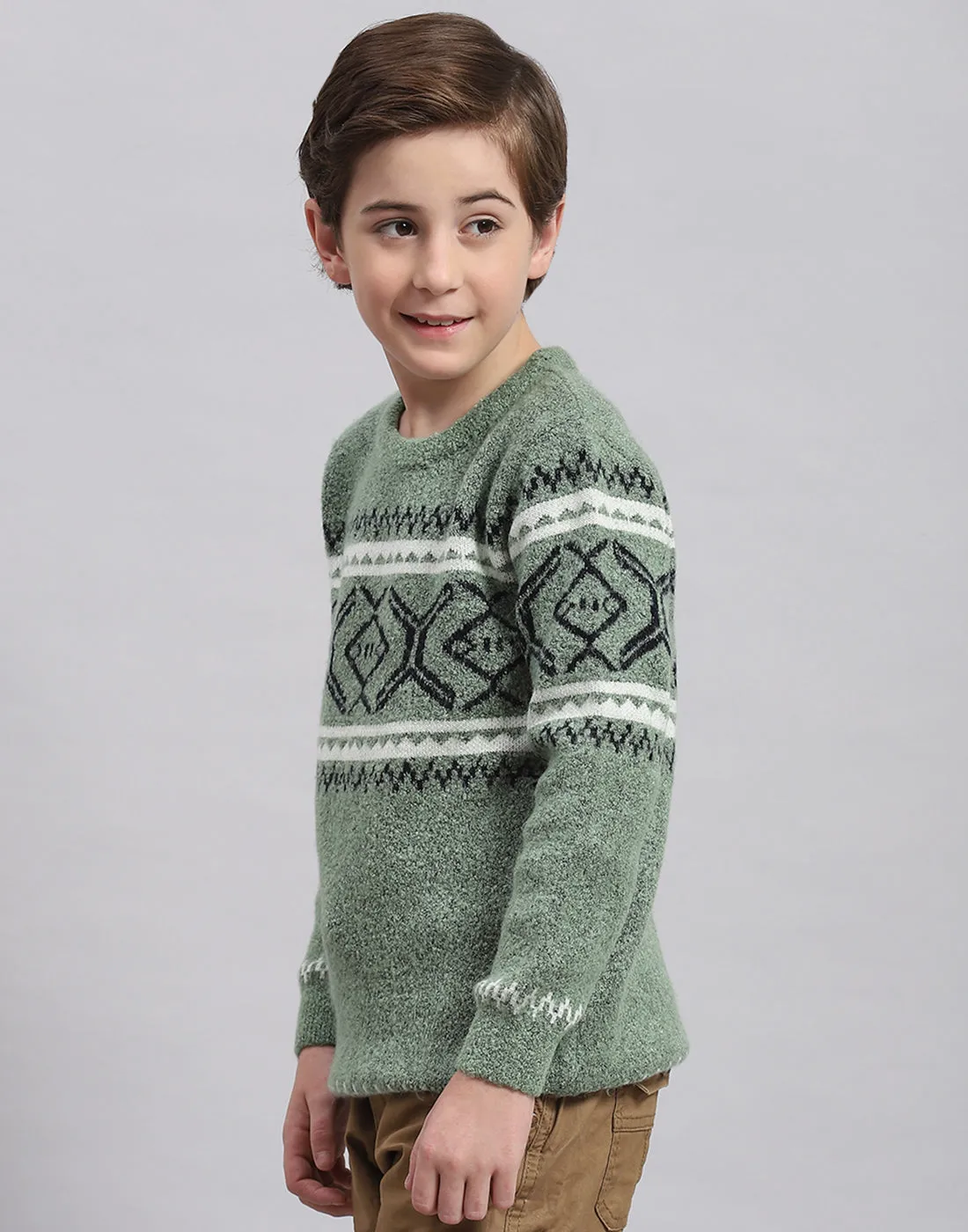 Boys Green Self Design Round Neck Full Sleeve Sweater