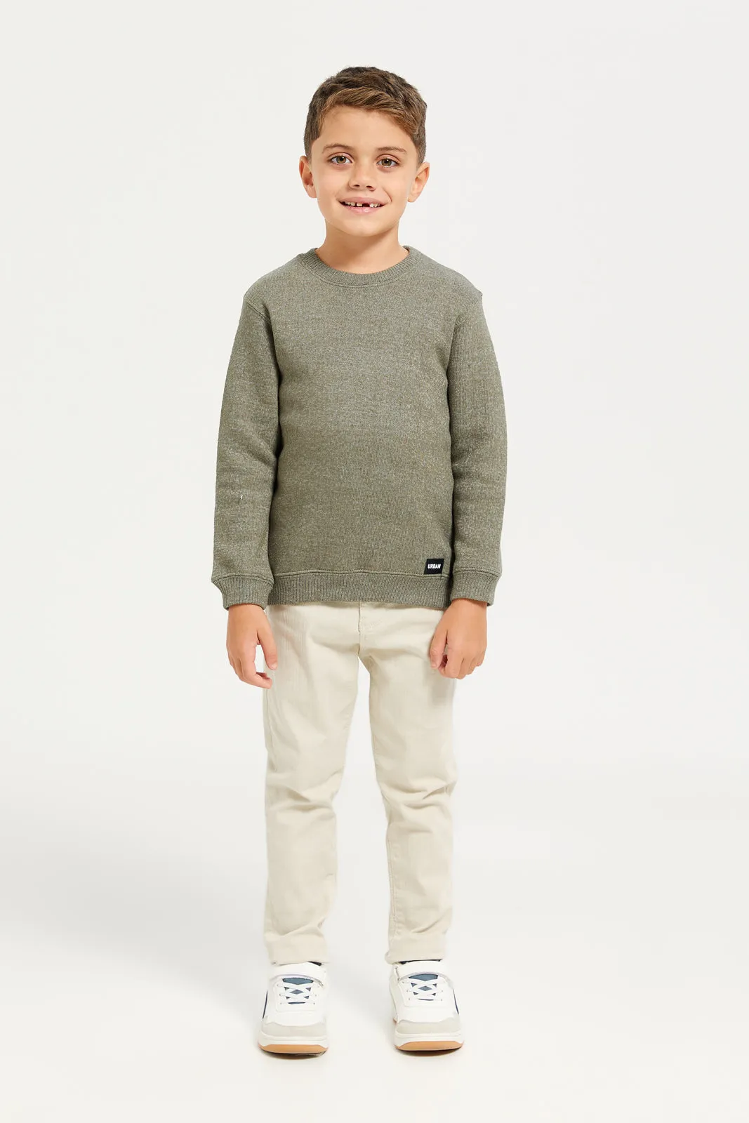 Boys Olive Snow Look Crew Neck Pullover