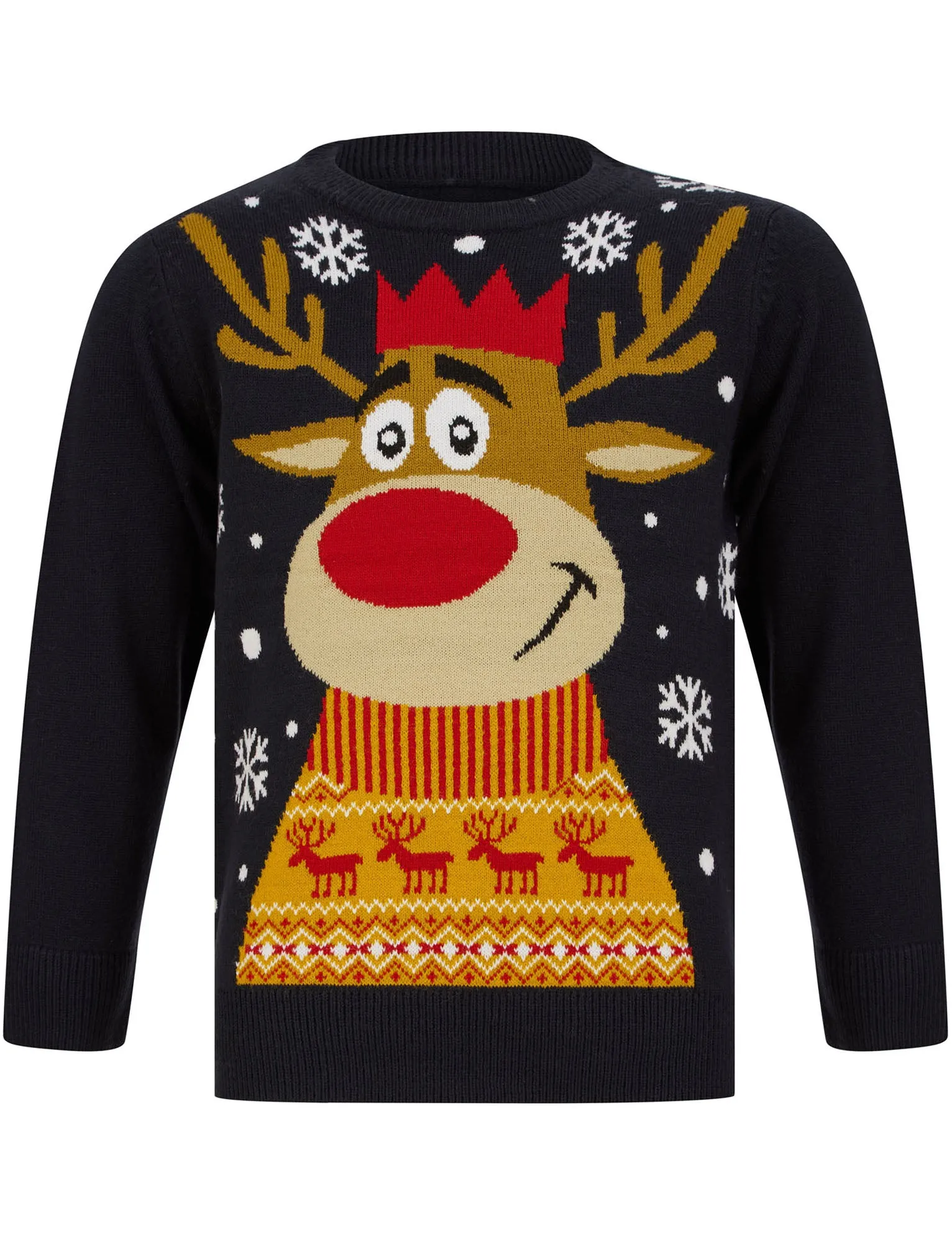 Boy's Reindeer Smile Novelty Christmas Jumper in Ink - Merry Christmas Kids (4-12yrs)