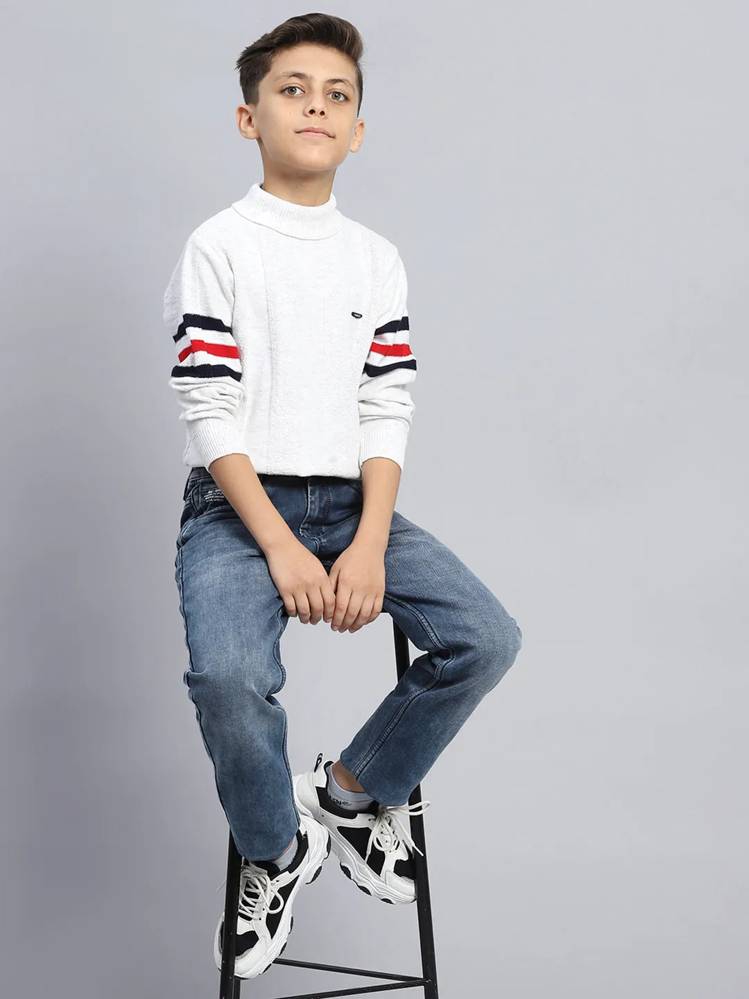 Boys White Self Design High Neck Full Sleeve Pullover