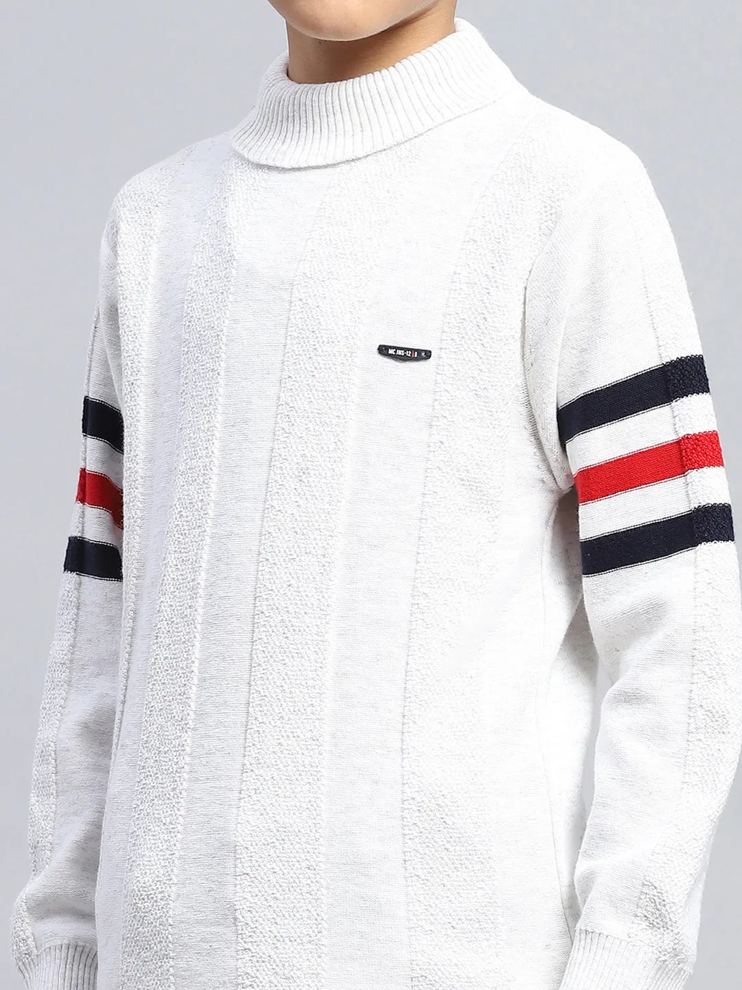 Boys White Self Design High Neck Full Sleeve Pullover